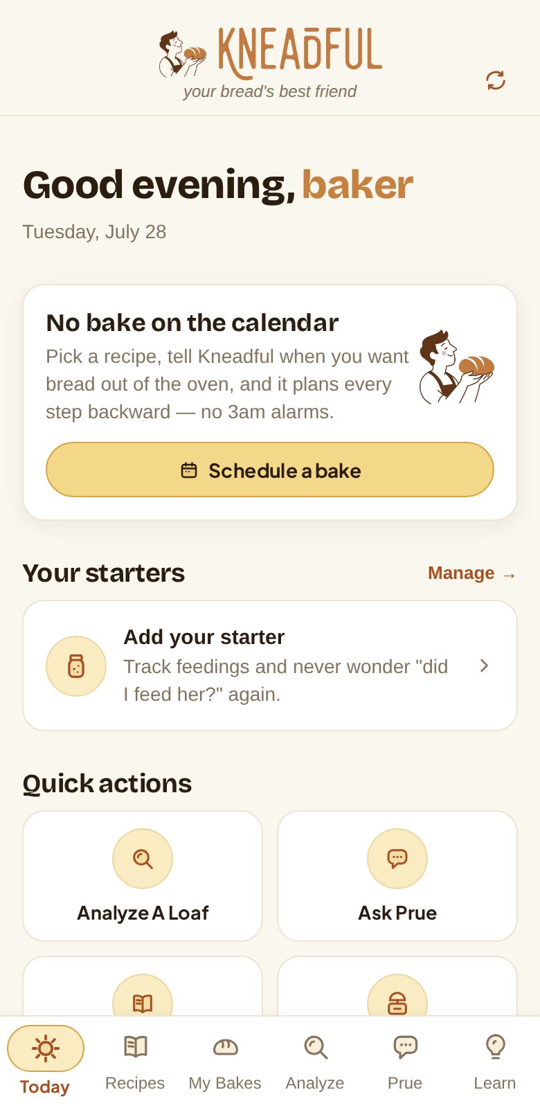 Kneadful's Today screen with a live bake countdown